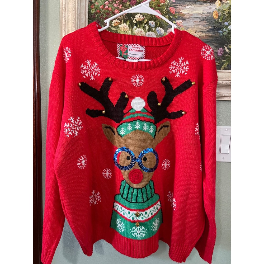 Red Ugly Christmas Women's Sweater Rudolph Reindeer Sequins Jingle Bells L/XL